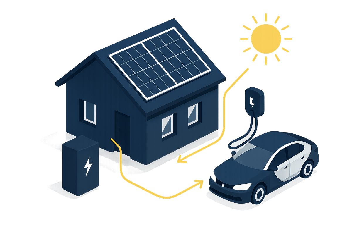 Isometrische Darstellung: Solaranlage, Batteriespeicher, Wallbox und E-Auto eines Haushalts